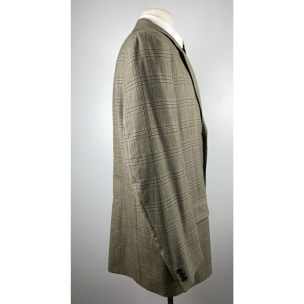 VINTAGE J CREW Mens 44L Beige Plaid/Check Wool USA Blazer Sport Coat Suit Jacket